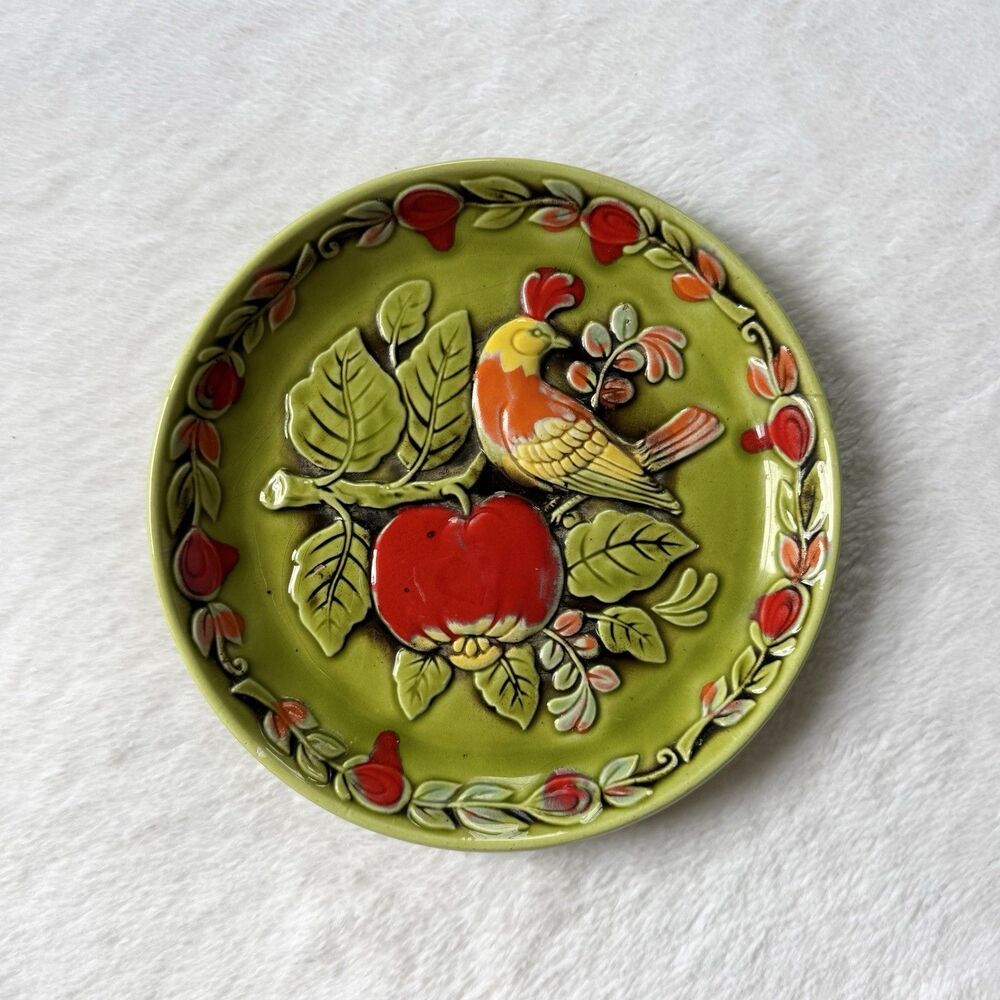 Vintage Colorful Ceramic 8" Plate Embossed Bird Branch Fruit Green Lego Japan